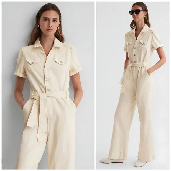 PAIGE Anessa Cream Belted Wide Leg Jumpsuit, 12